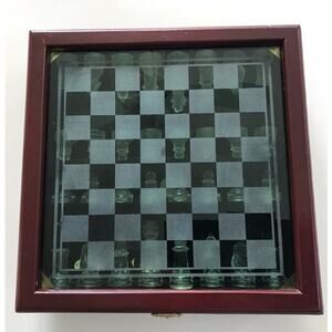 Glass Chess Set in Wooden Box Mirrored Board Top